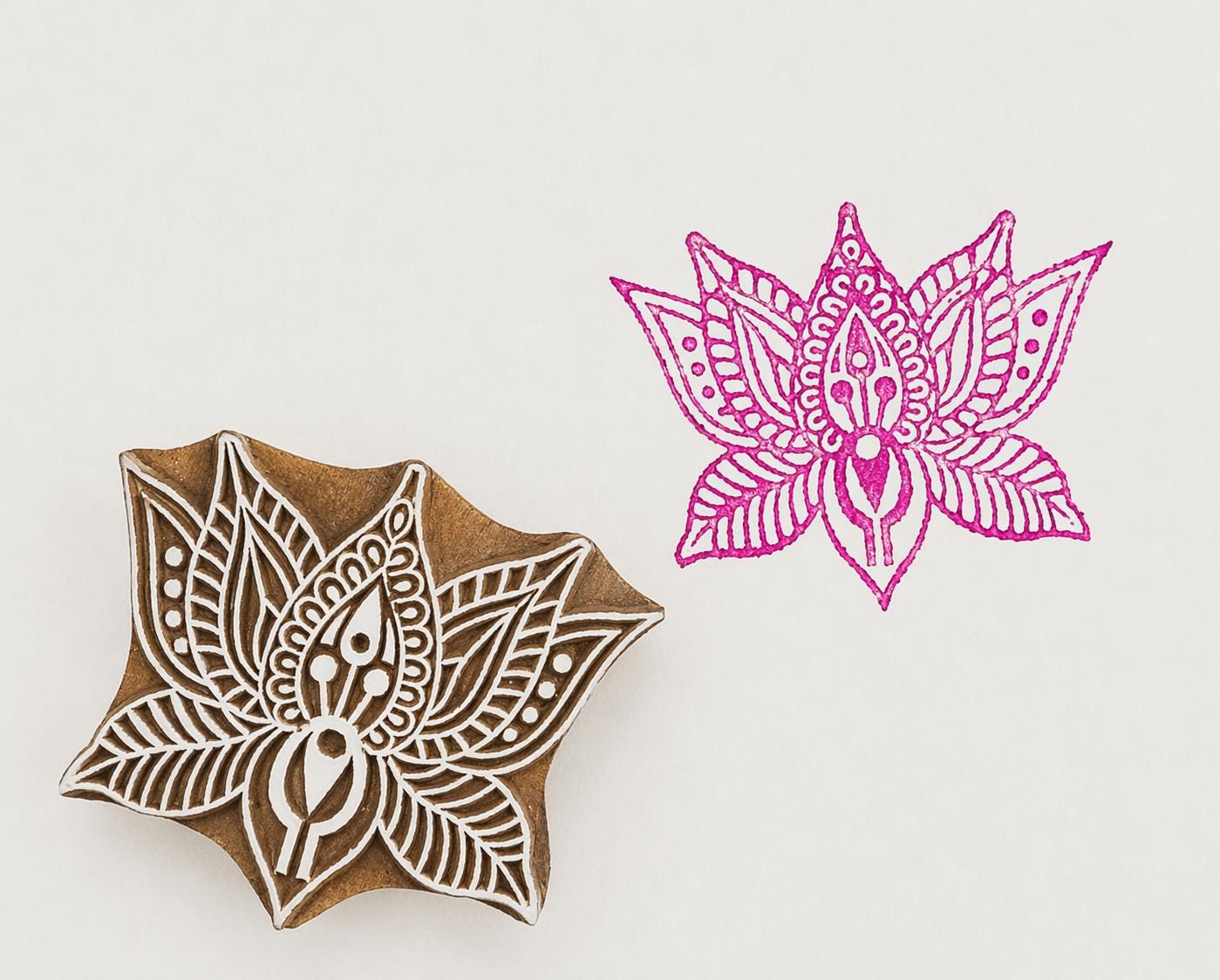Hand carved wooden printing block with lotus floral mehndi style design for fabric and textile printing
