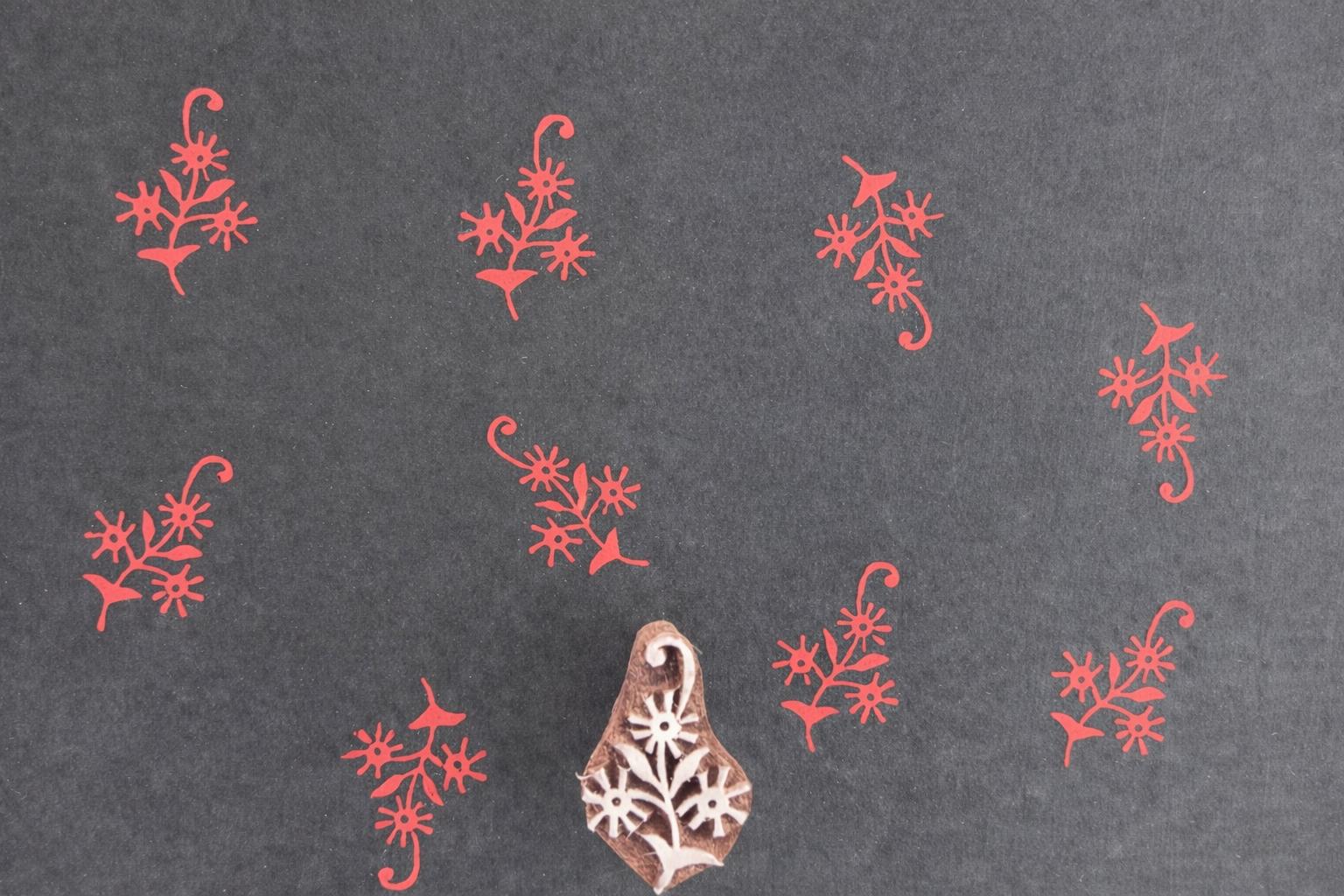 Wildflower Stem Block wooden stamp used for textile printing showing floral repeat pattern