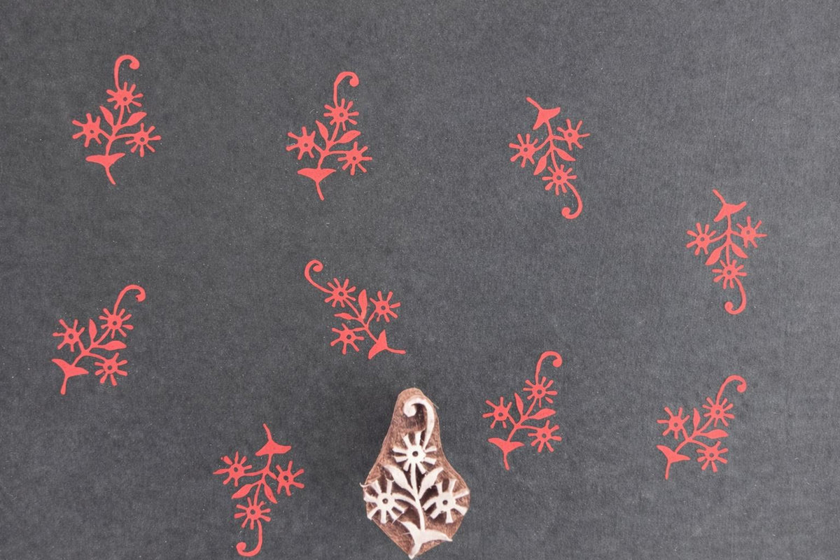 Wildflower Stem Block wooden stamp used for textile printing showing floral repeat pattern