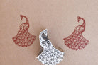 Peacock Feather Block wooden stamp with detailed feather pattern printed in red