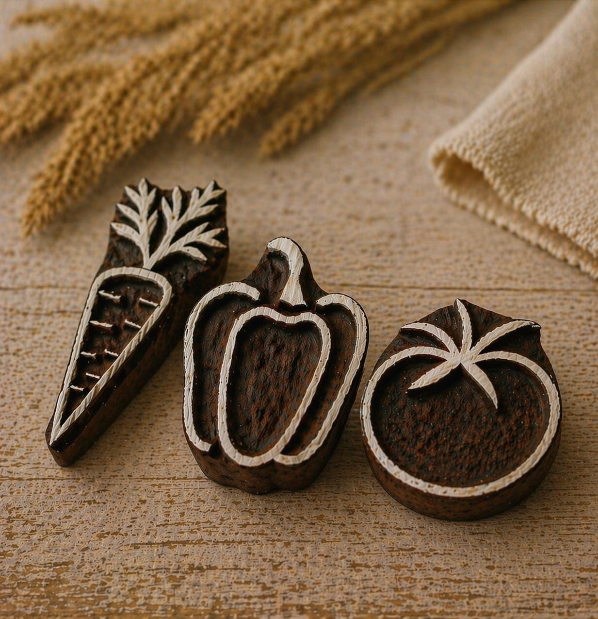 Handmade vegetable stamp set with carrot, pepper and tomato designs on rustic background