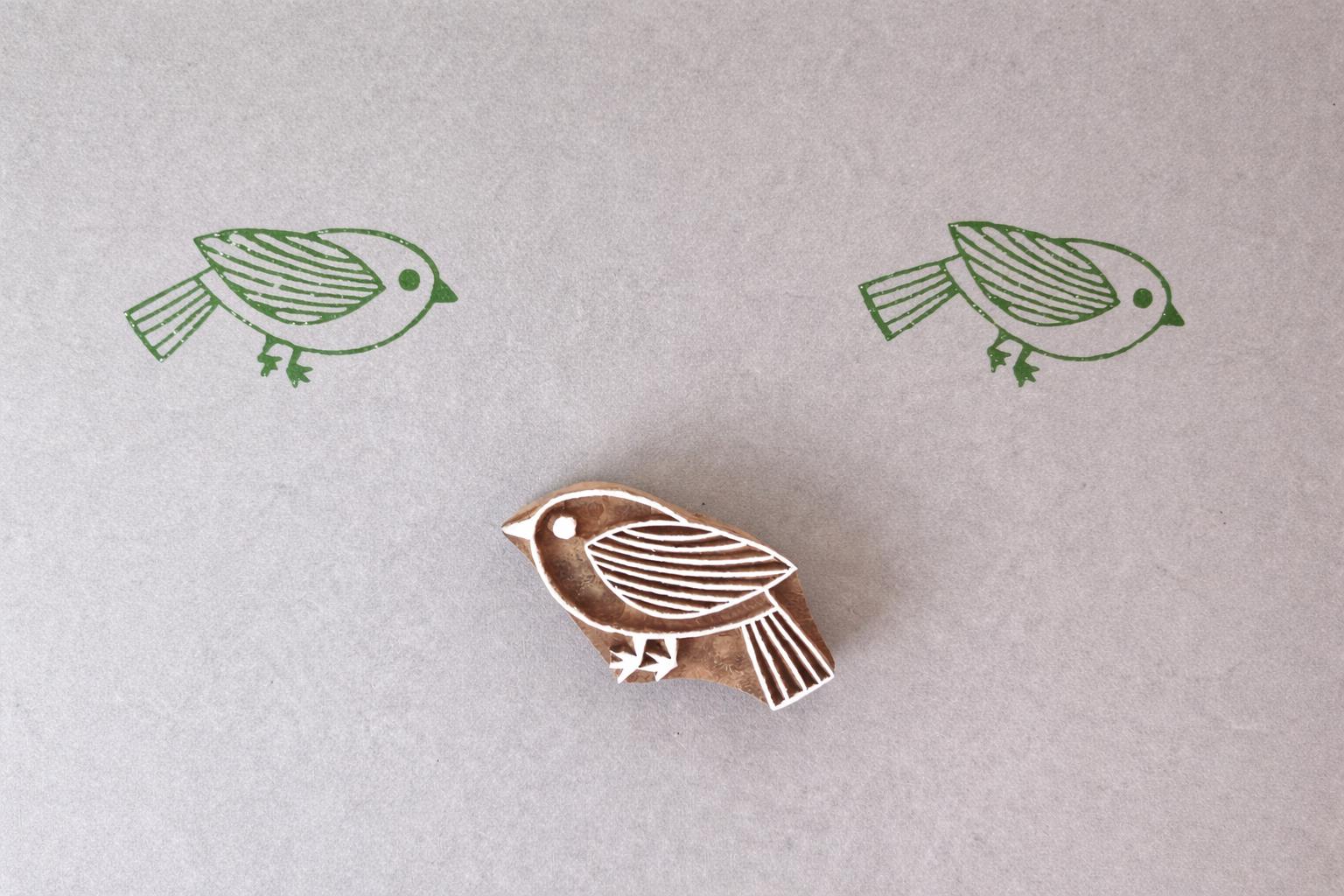 Folk Bird Block wooden stamp with simple bird design printed in green