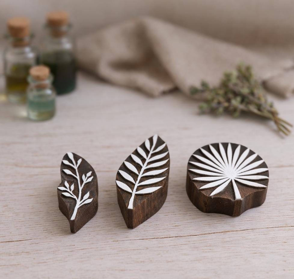 Wooden botanical block printing stamps for fabric printing including twig leaf and palm designs handmade in India