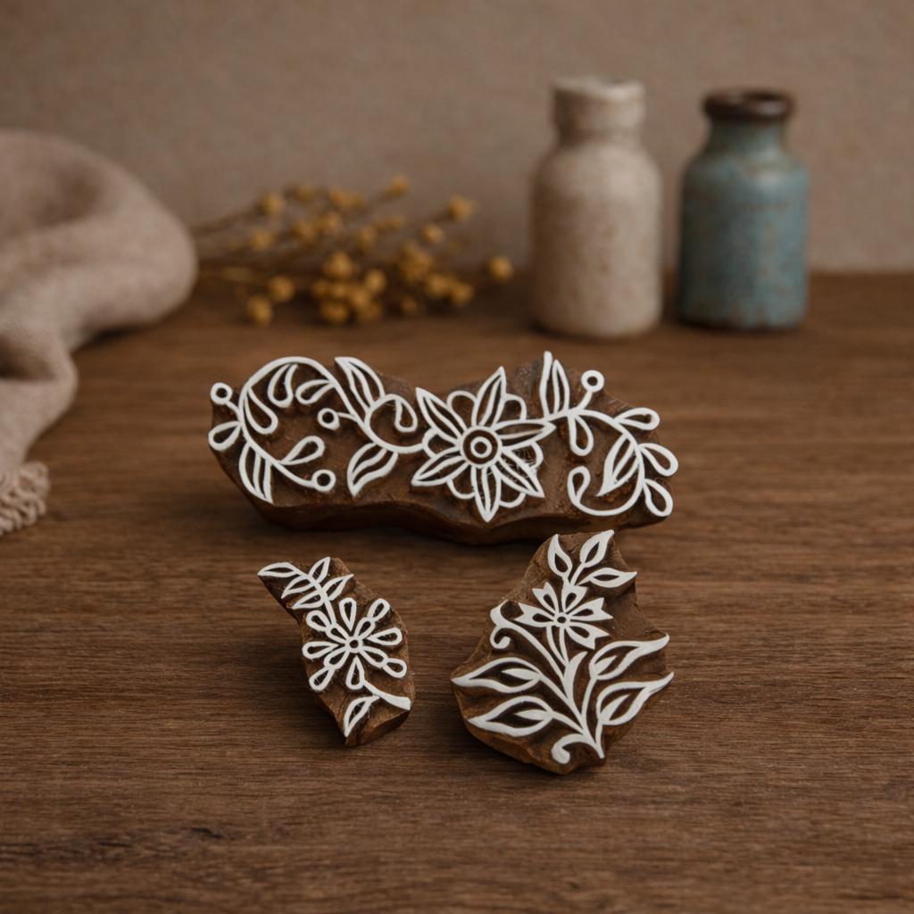 Collection of Indian wooden block printing stamps for fabric and textile printing