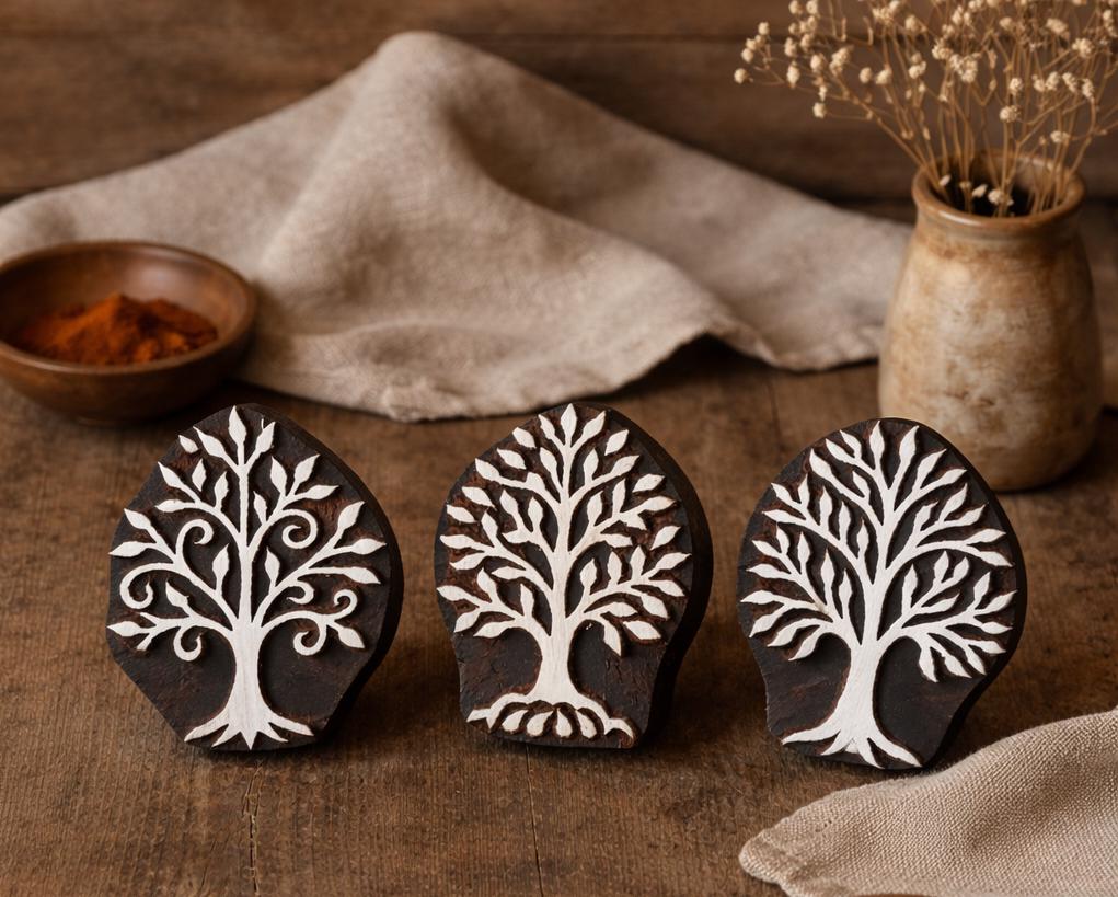 Set of three hand carved wooden tree printing blocks displayed on a wooden surface with carved tree designs
