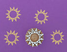 Hand carved wooden printing stamp with sun halo geometric design for fabric printing, textile patterns, and clay pottery
