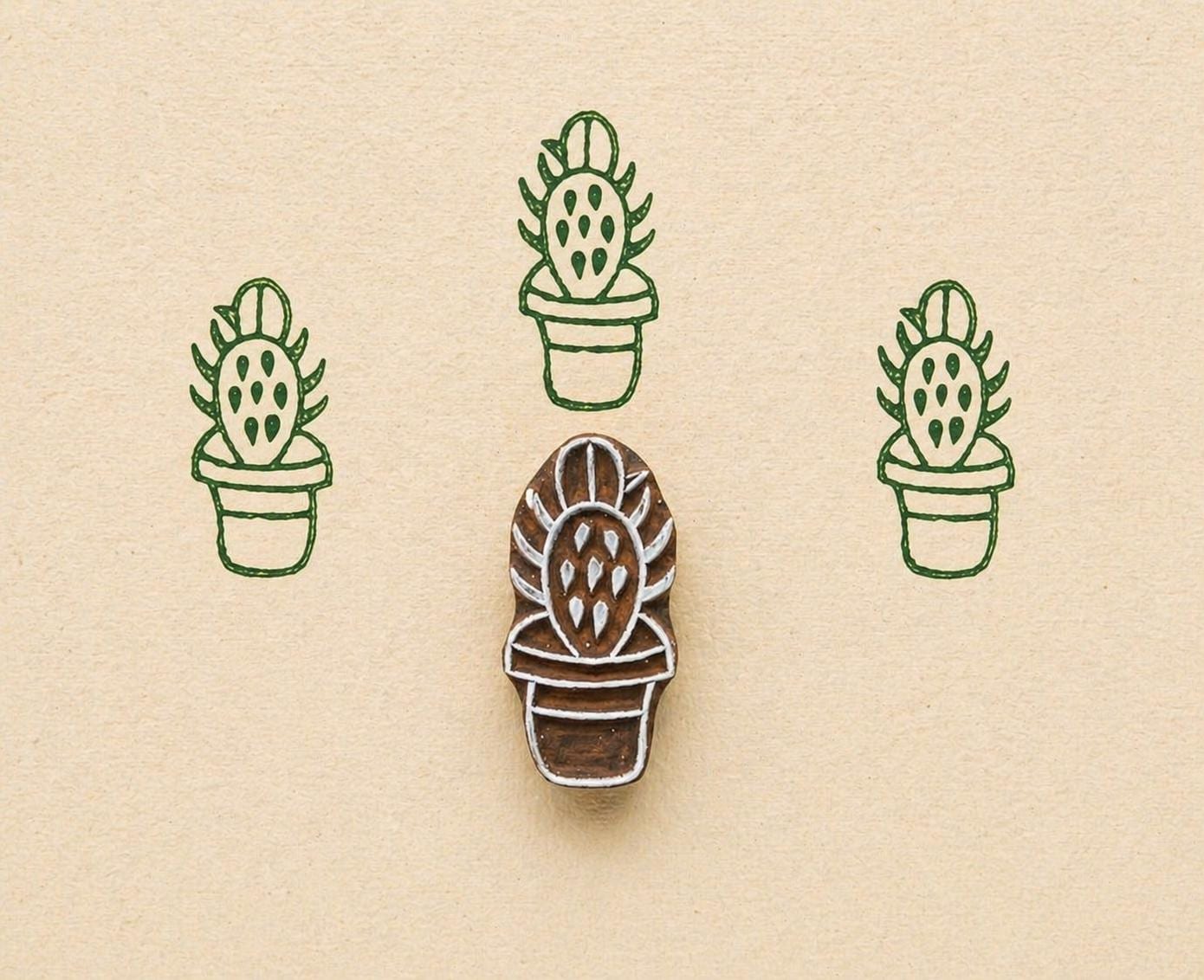 Prickly pear cactus stamp making green repeating pattern on handmade paper