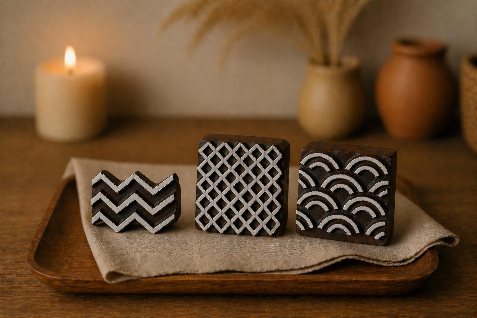 Set of three hand-carved wooden block stamps with geometric patterns displayed on neutral cloth with warm styled background