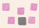 Wooden lattice pattern stamp with pink ink repeated print design on neutral background