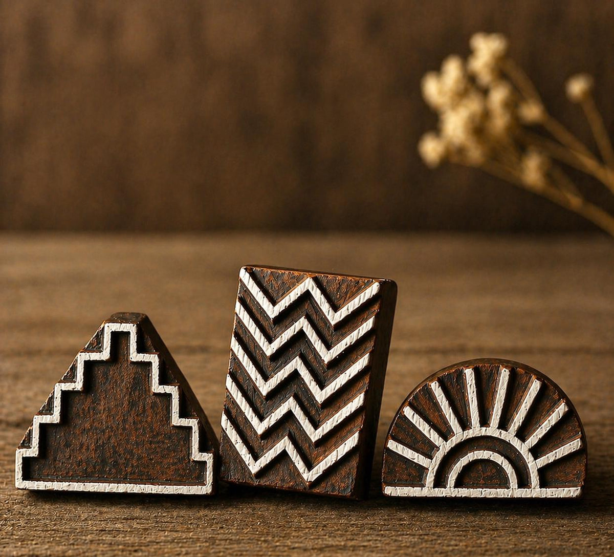 Hand-carved wooden block stamp set featuring geometric step pyramid, chevron, and sunburst patterns on rustic wood background