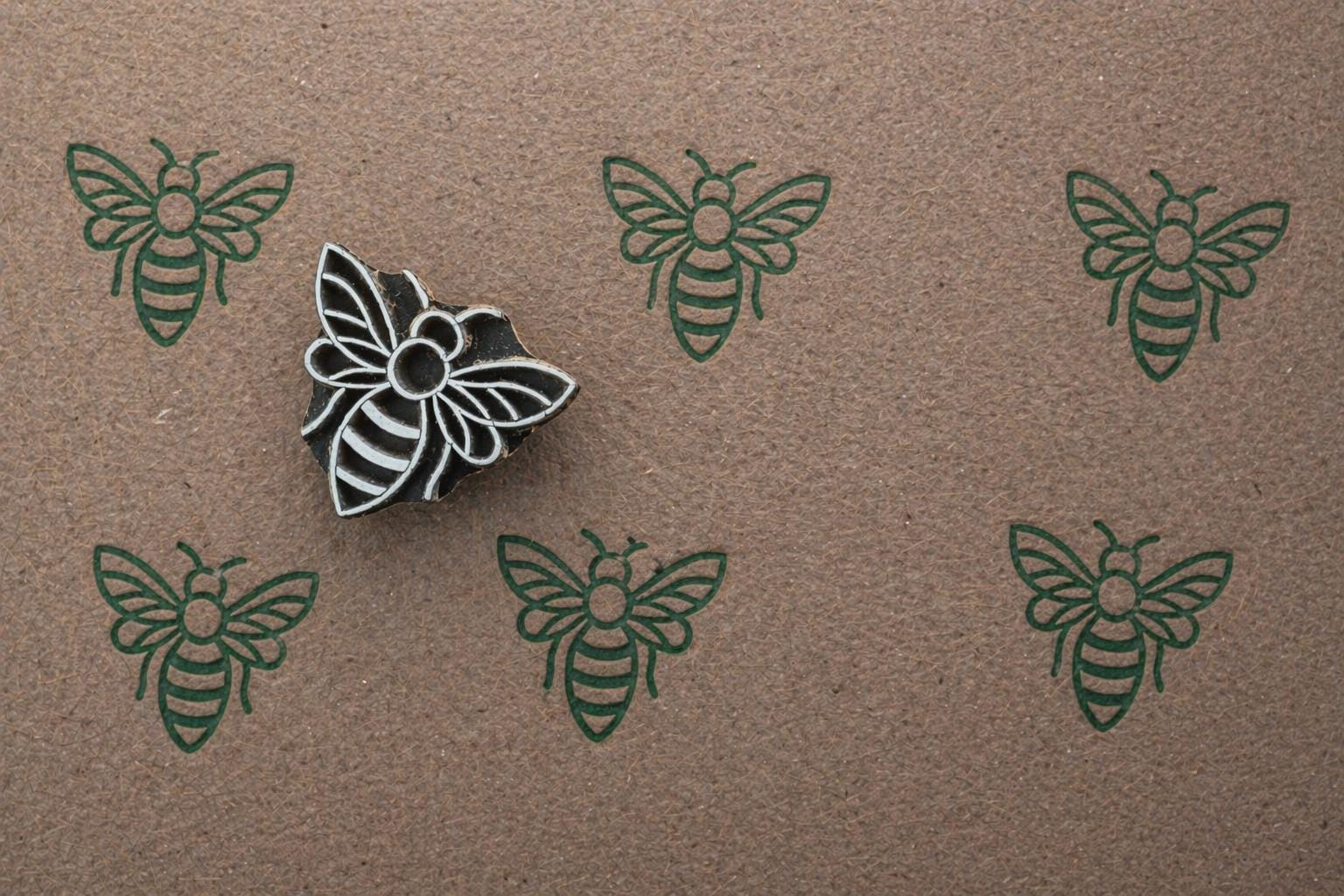 Repeating bee pattern printed in dark green ink using handmade wooden stamp on kraft paper