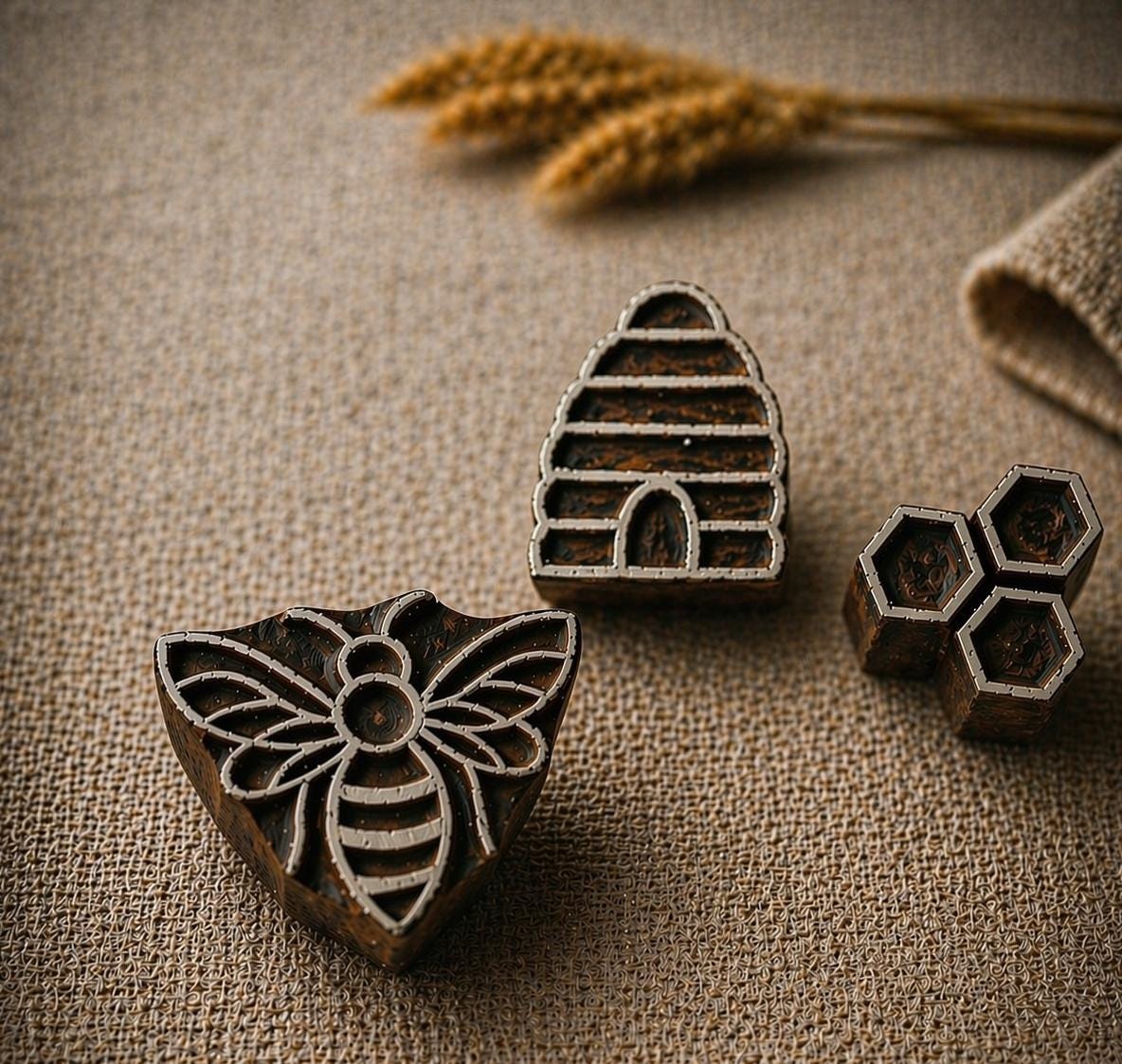 Set of three hand-carved wooden block printing stamps from India including bee, beehive, and honeycomb designs on textured fabric