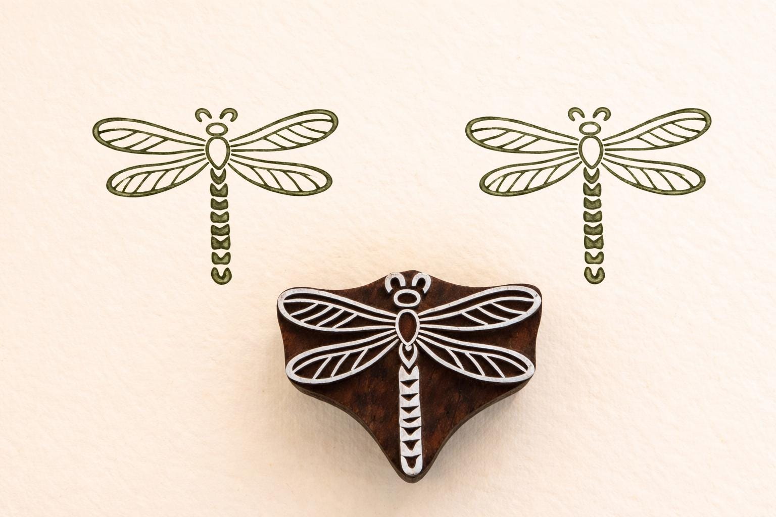 Dragonfly wooden printing stamp used on fabric showing green textile prints block printing stamp for crafts