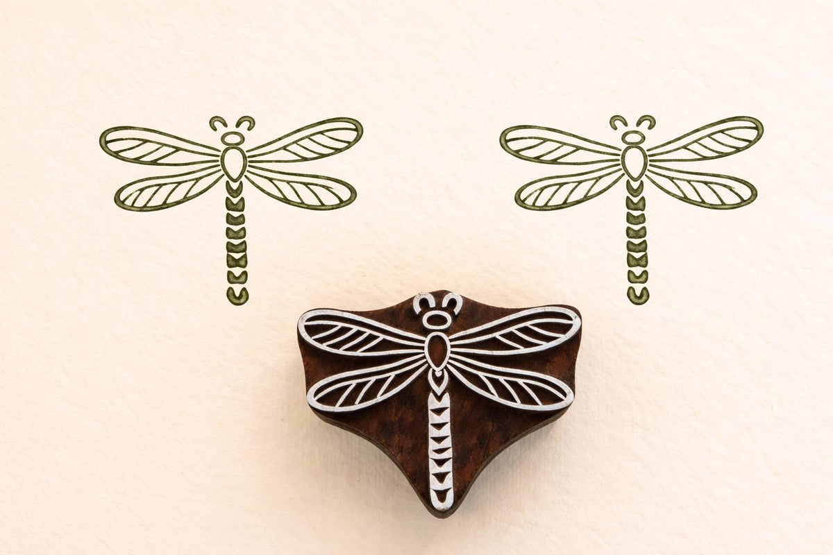 Dragonfly wooden printing stamp used on fabric showing green textile prints block printing stamp for crafts