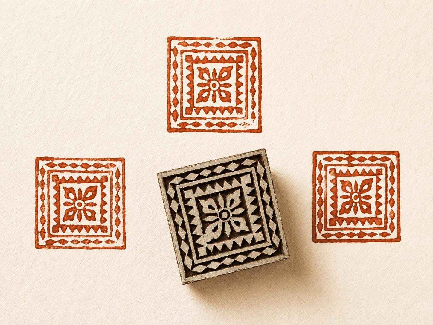 Hand carved wooden printing block featuring a mesa-inspired floral tile motif with geometric borders for textile and paper printing.