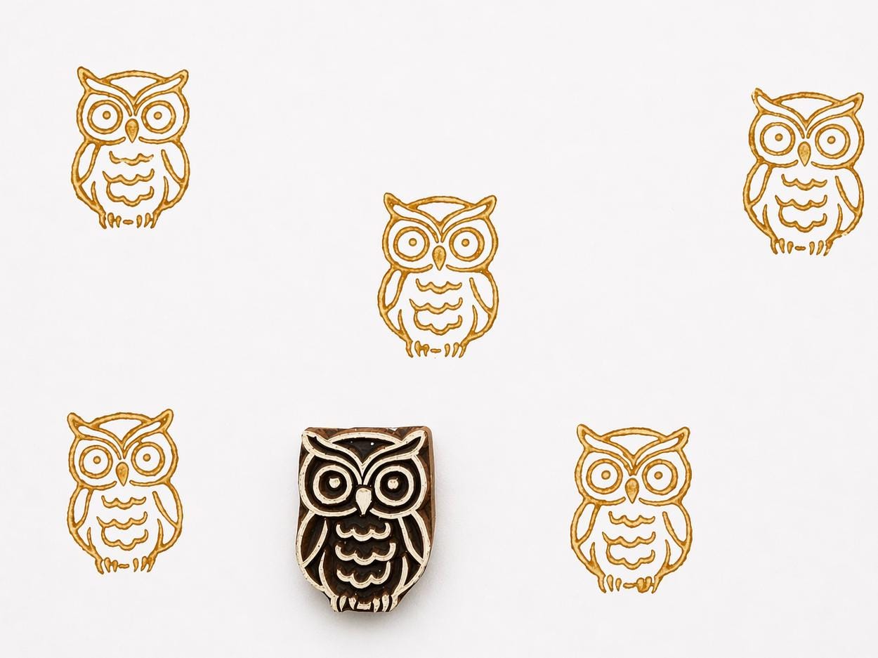 Hand carved wooden owl printing stamp with repeated golden owl impressions on white background, simple forest bird design for textile and craft printing