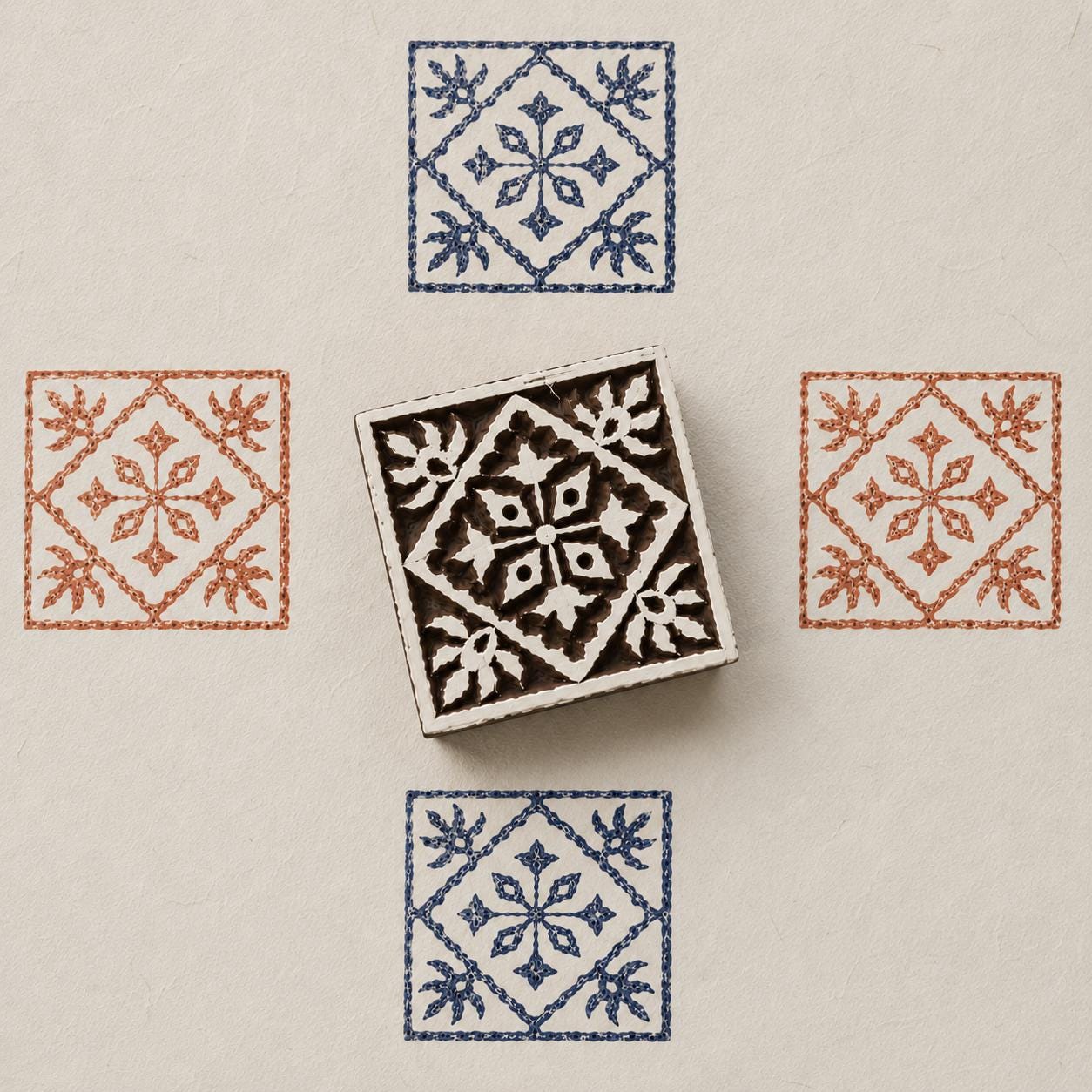 Hand carved Indian wooden block featuring heritage tile motif printed in blue and terracotta on textured cream background for textile printing, pottery, clay, and paper crafts.