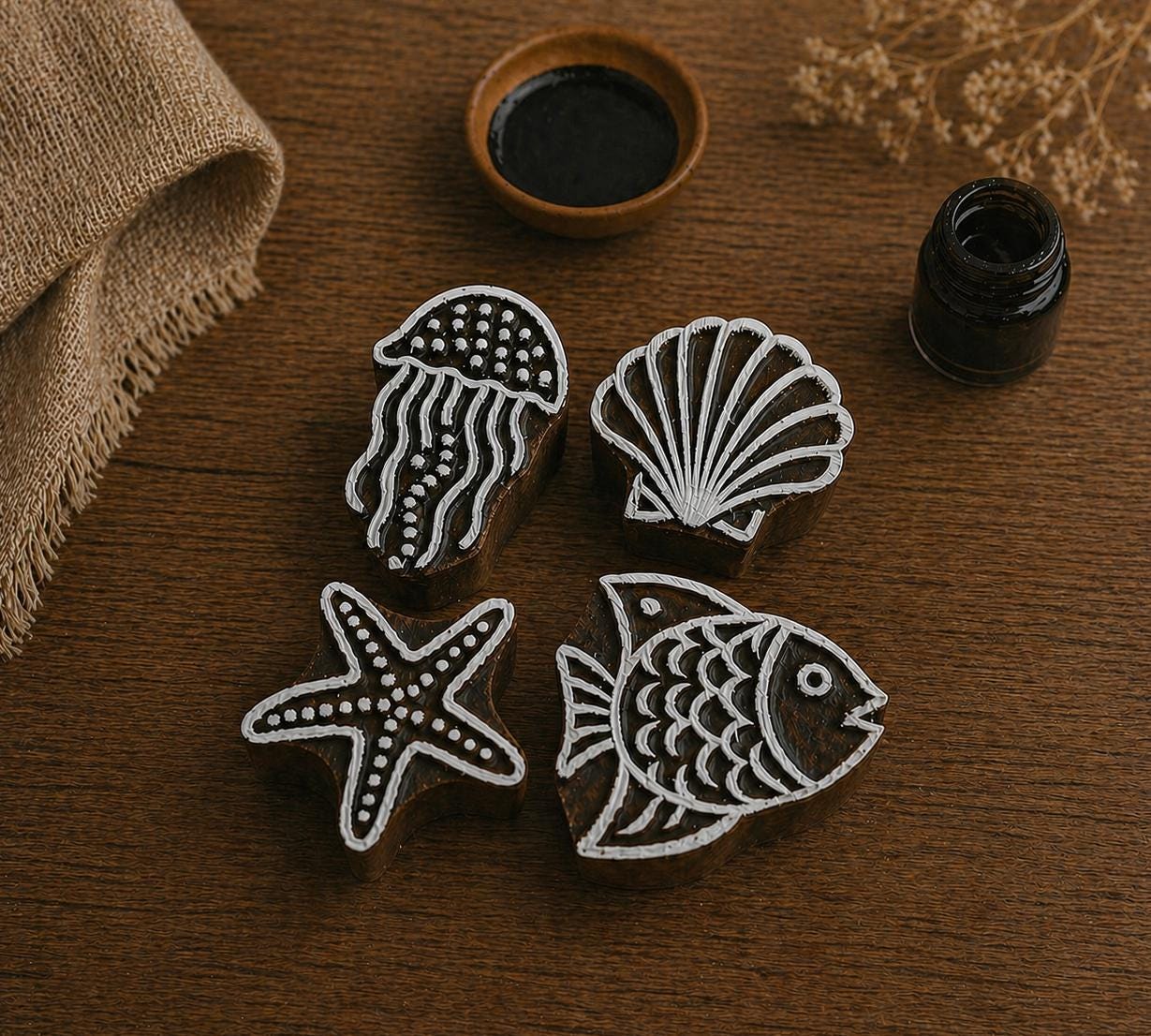 Set of hand carved wooden printing blocks featuring fish, jellyfish, seashell, and starfish designs for coastal fabric printing and ocean themed craft projects.