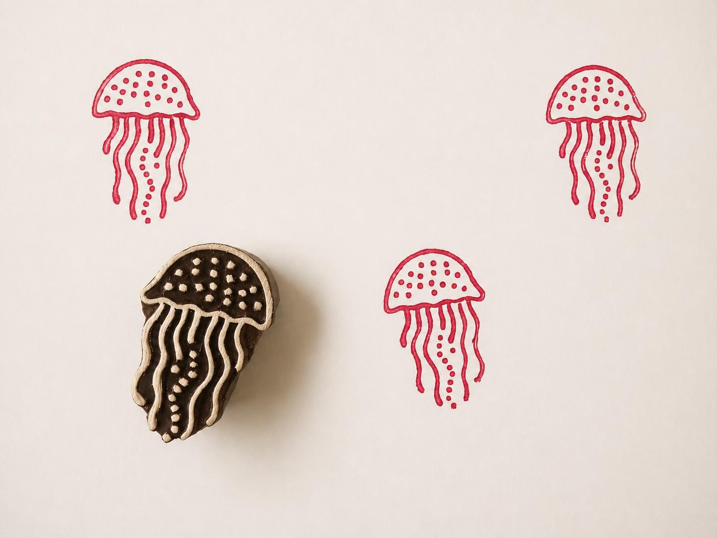 Hand carved wooden printing block with a jellyfish illustration for ocean themed fabric printing and marine surface patterns.