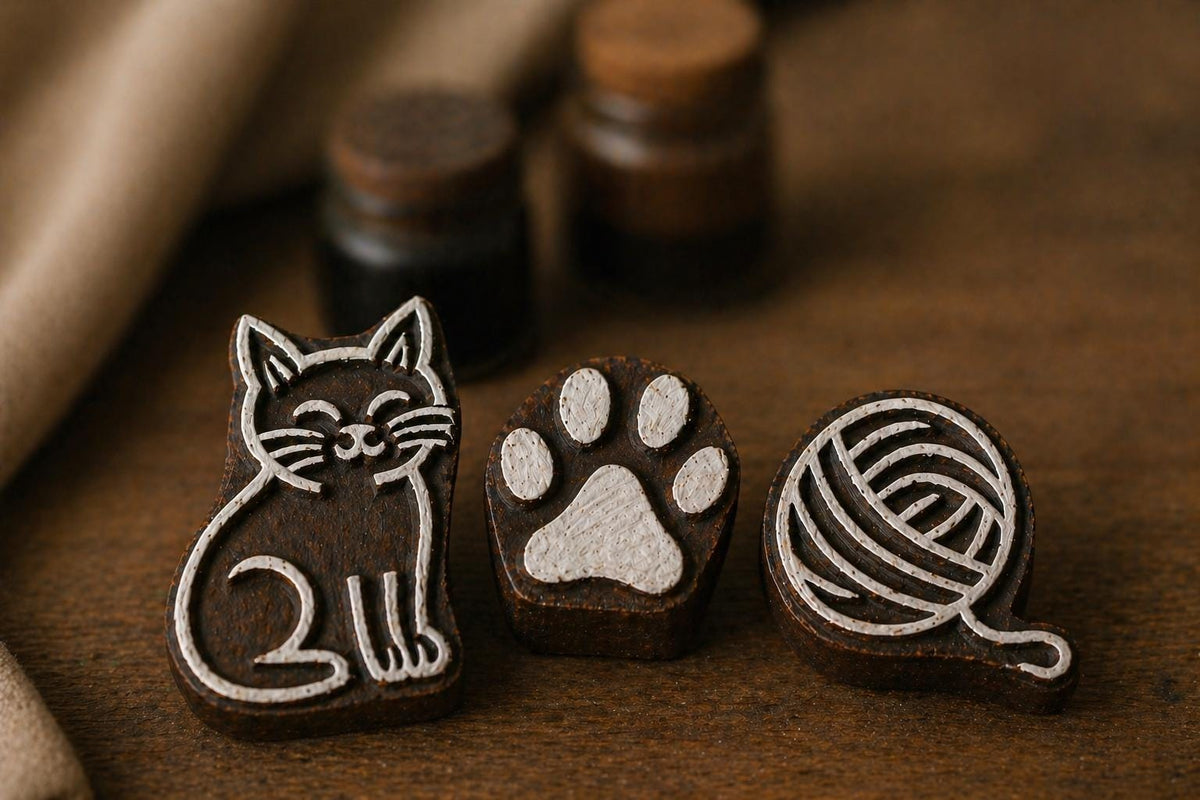 Hand carved Indian wooden printing block set featuring cat, paw print, and yarn ball designs for fabric printing, pottery, clay, and DIY textile crafts.