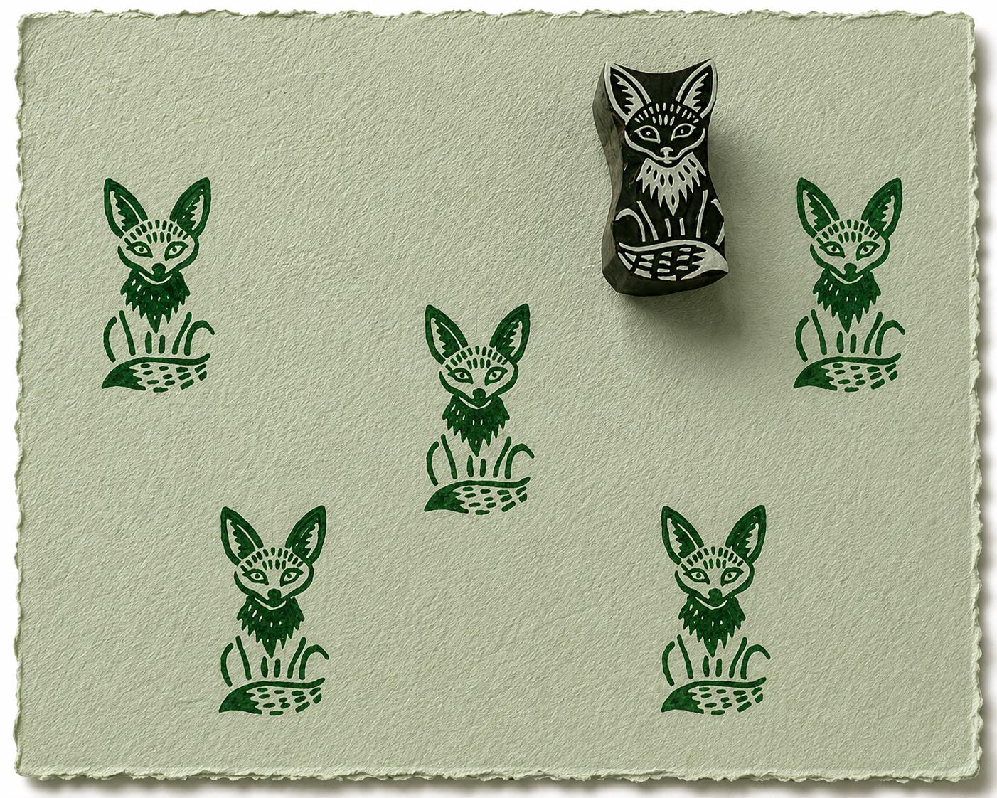 Hand carved fox wooden printing block shown with repeating green fox impressions on handmade paper.
