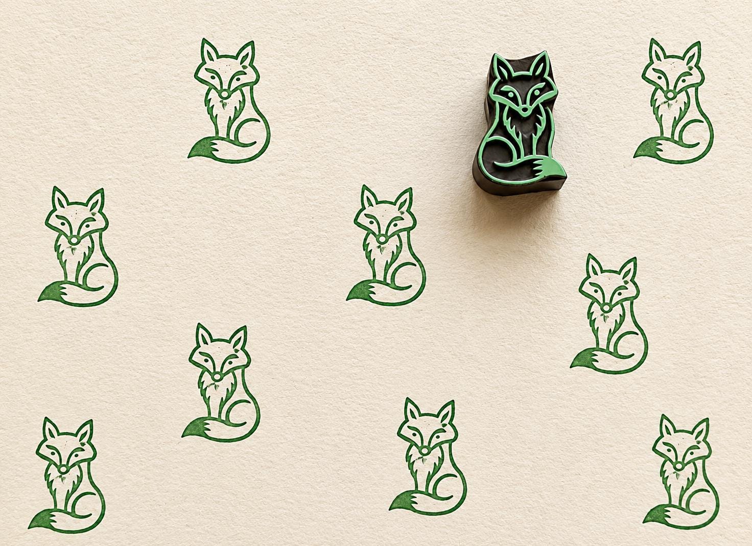 Hand carved curled tail fox wooden block stamp shown with repeated fox prints on handmade paper.