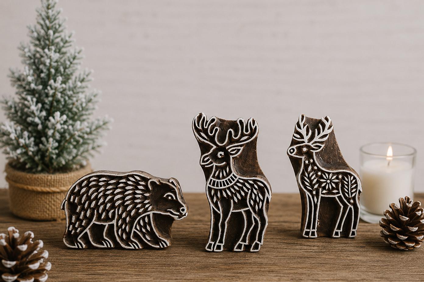 Hand carved Wildfolk Animal Stamp Set featuring folk deer, moose and bear wood printing blocks