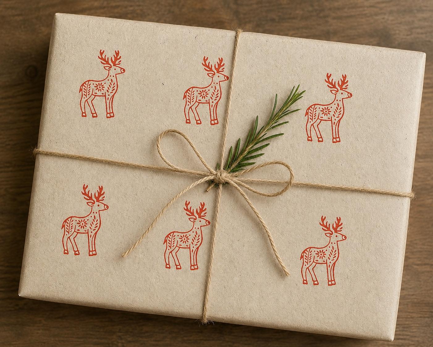 Gift wrapped package decorated with hand stamped folk deer pattern using a wood block stamp