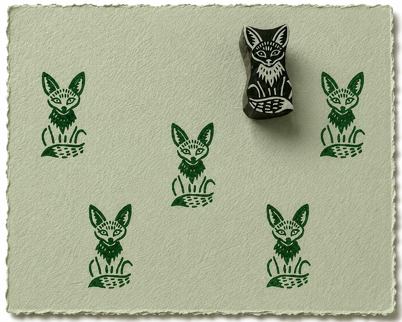 Hand carved Moonwatch Fox block stamp with repeating folk fox impressions on handmade paper