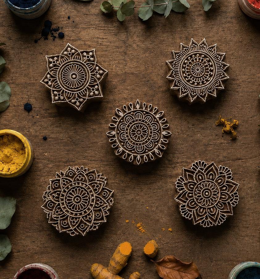 Set of five hand carved mandala wooden printing blocks arranged with natural dyes and botanical elements on rustic wood