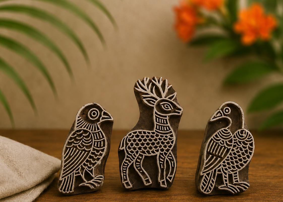 Three hand carved wooden printing blocks featuring a songbird, stag deer and raven displayed on a wooden tabletop.