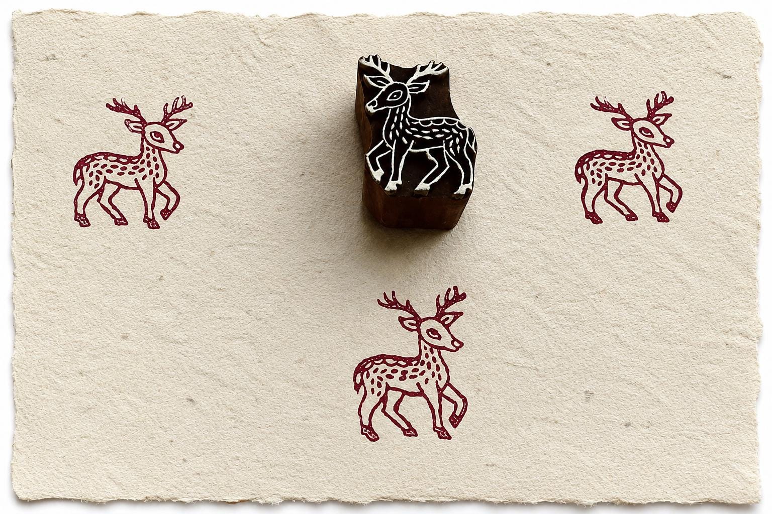Hand carved deer block stamp with tribal inspired wildlife print on handmade paper