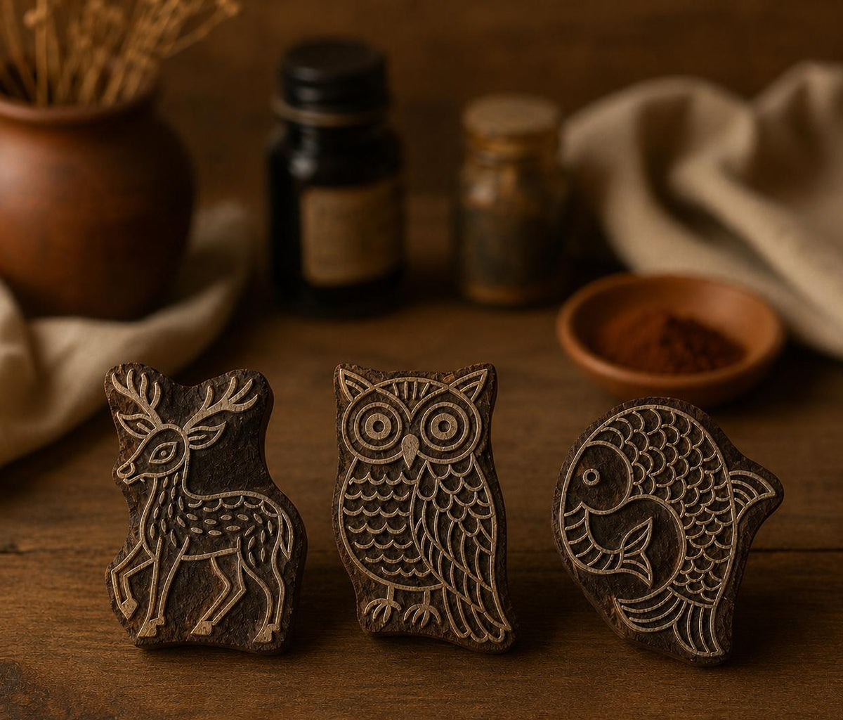 Set of three hand carved wooden printing blocks featuring Gond-inspired deer, owl and fish motifs arranged on a rustic wooden table