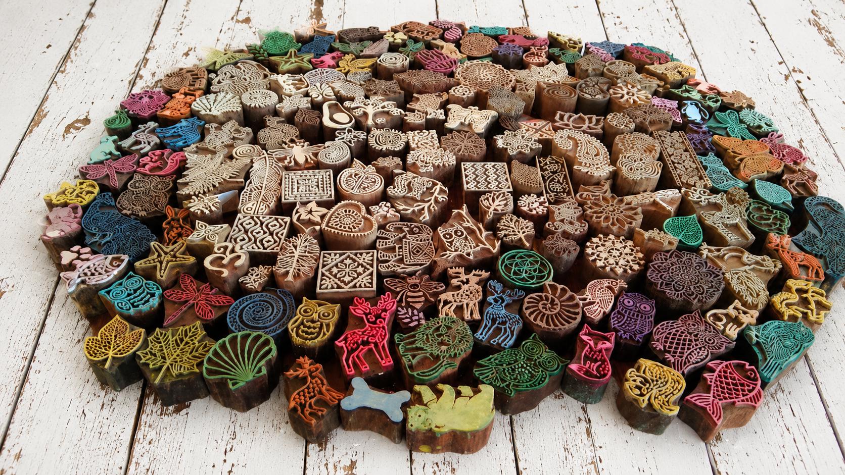 Curated assortment of 50 wooden printing blocks featuring animal, botanical, geometric and folk art designs arranged on a distressed white wooden surface.
