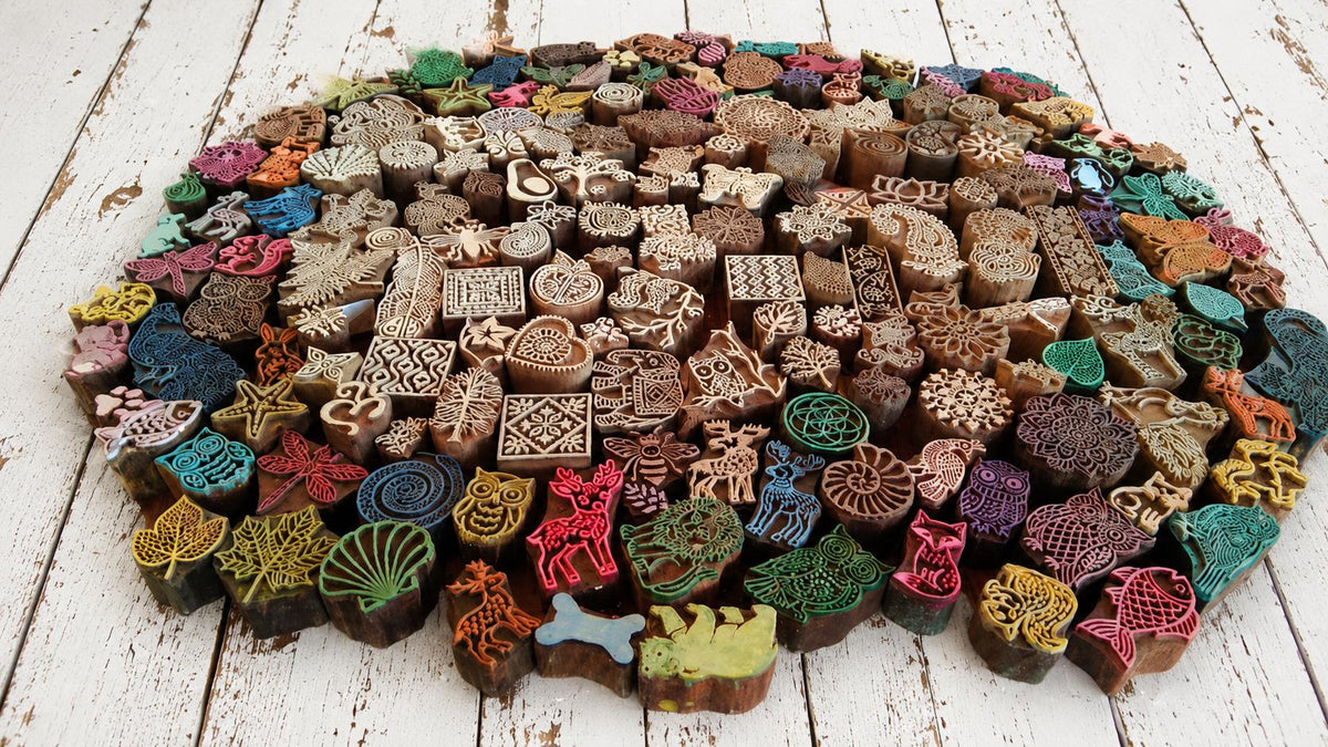 Curated assortment of 50 wooden printing blocks featuring animal, botanical, geometric and folk art designs arranged on a distressed white wooden surface.