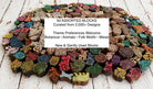 Information graphic explaining a curated set of 50 assorted wooden printing blocks selected from over 2,000 designs with theme preferences available and a mix of new and gently used blocks.