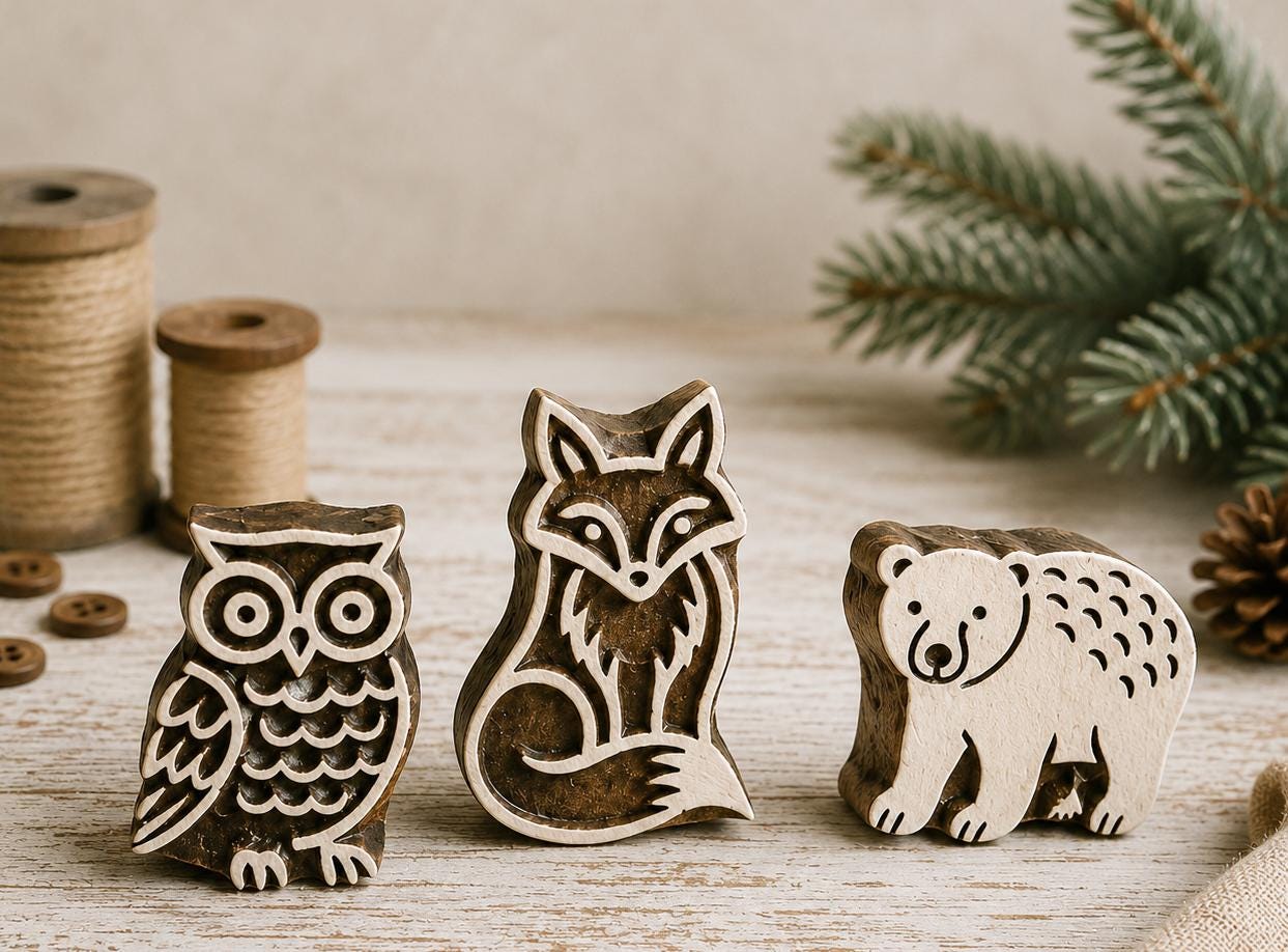 Hand carved Forest Guardians stamp set featuring owl, fox and bear wooden printing blocks arranged on a rustic tabletop.