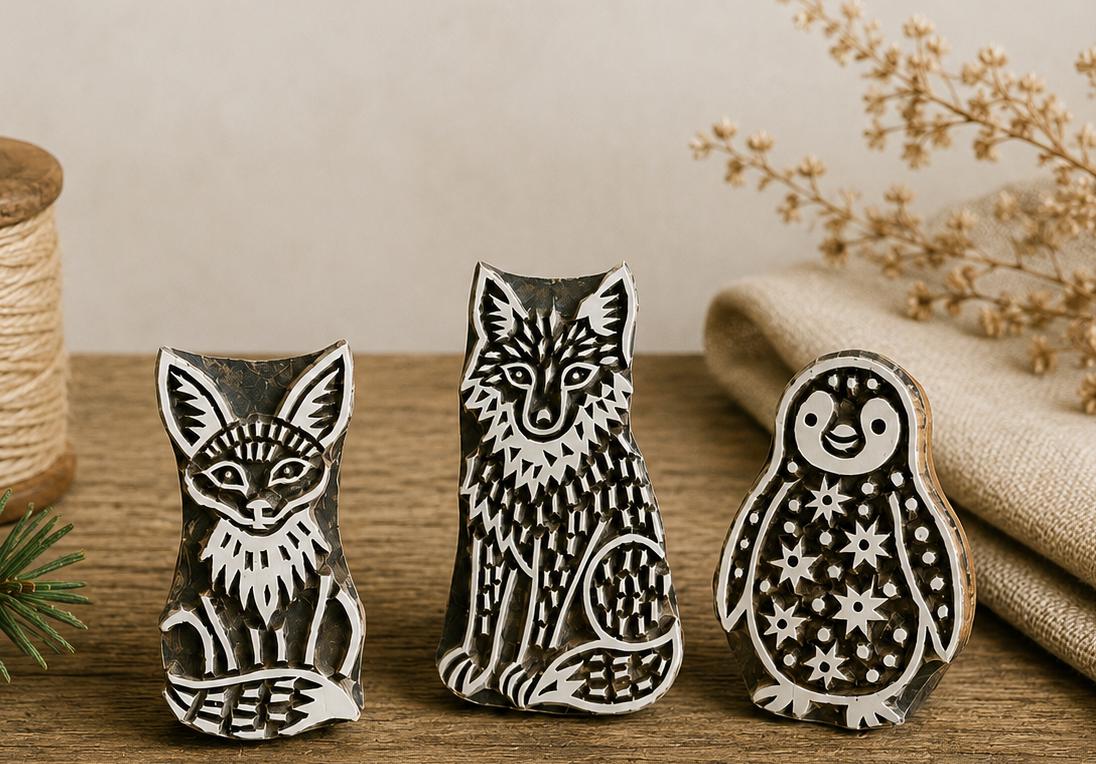 Hand carved wooden printing block set featuring fox wolf and penguin stamps displayed on a rustic craft table.