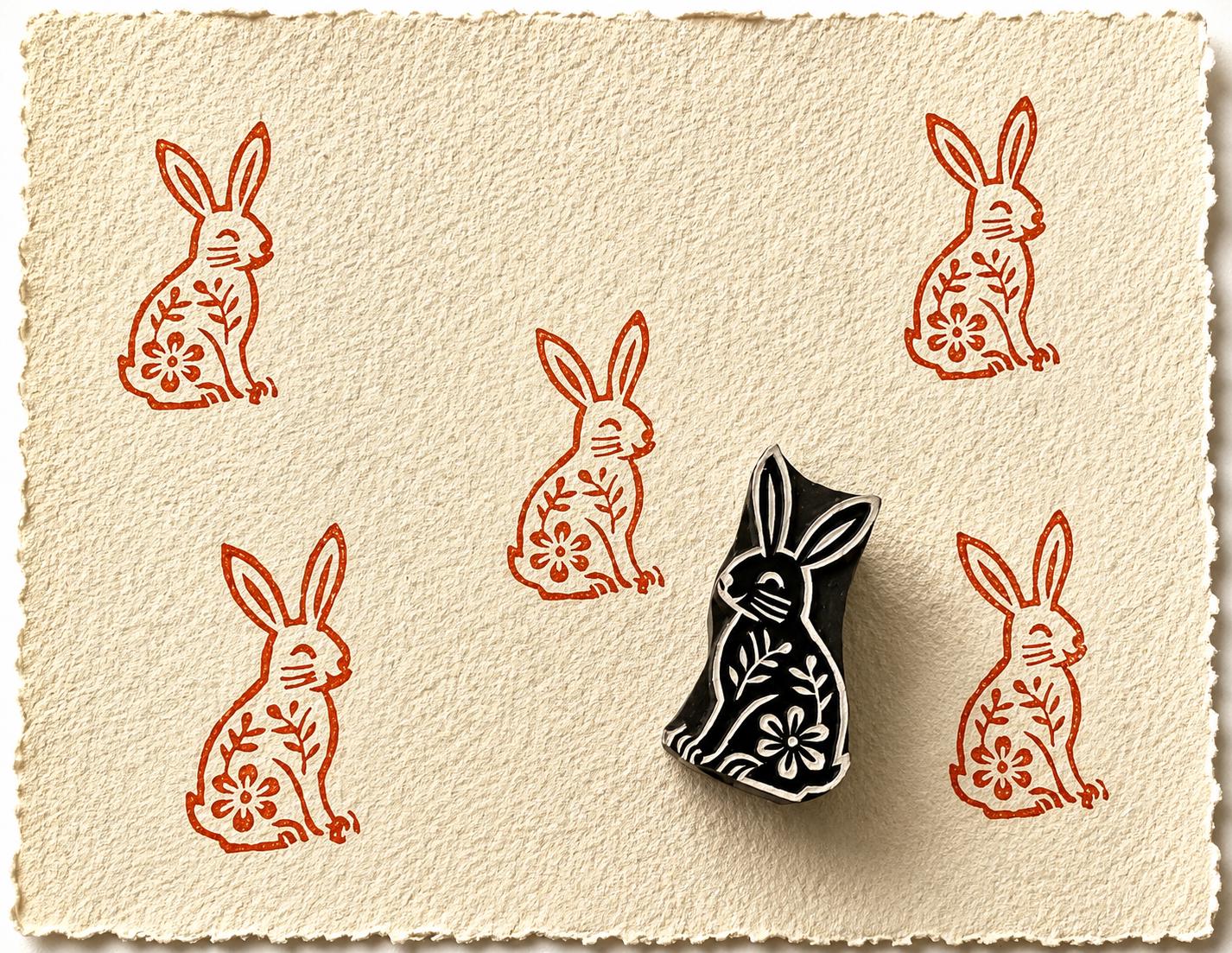 Hand carved botanical hare wooden block stamp with floral rabbit print pattern on handmade deckle edge paper.