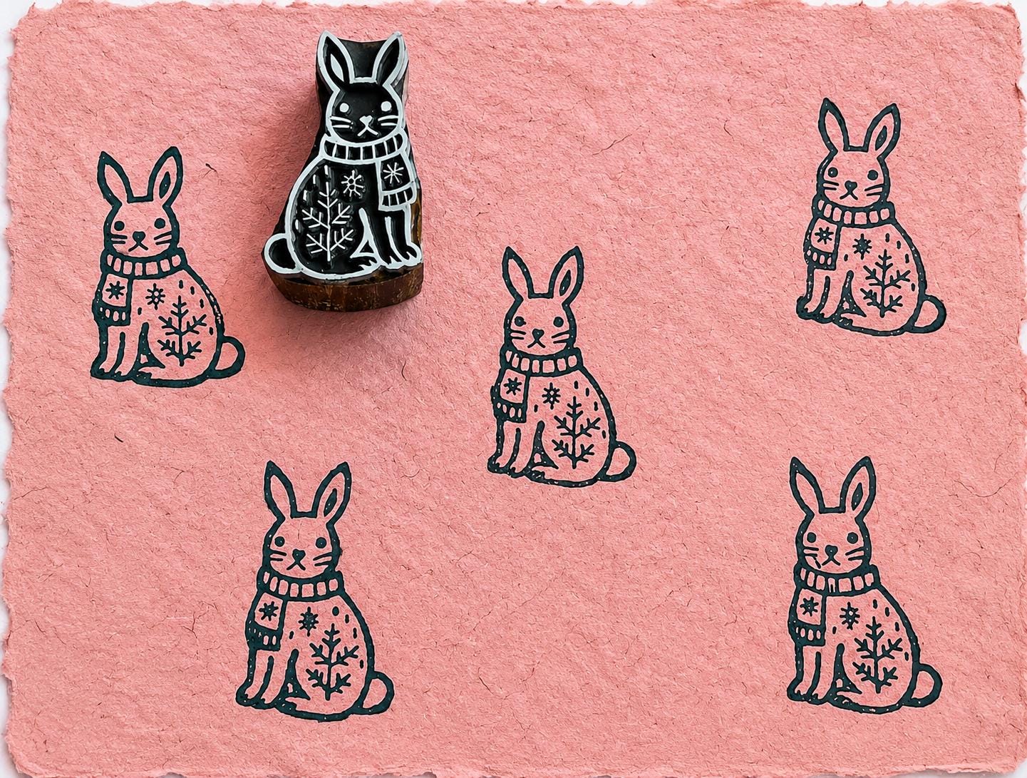 Hand carved rabbit printing block shown with repeating rabbit impressions on textured pink handmade paper.
