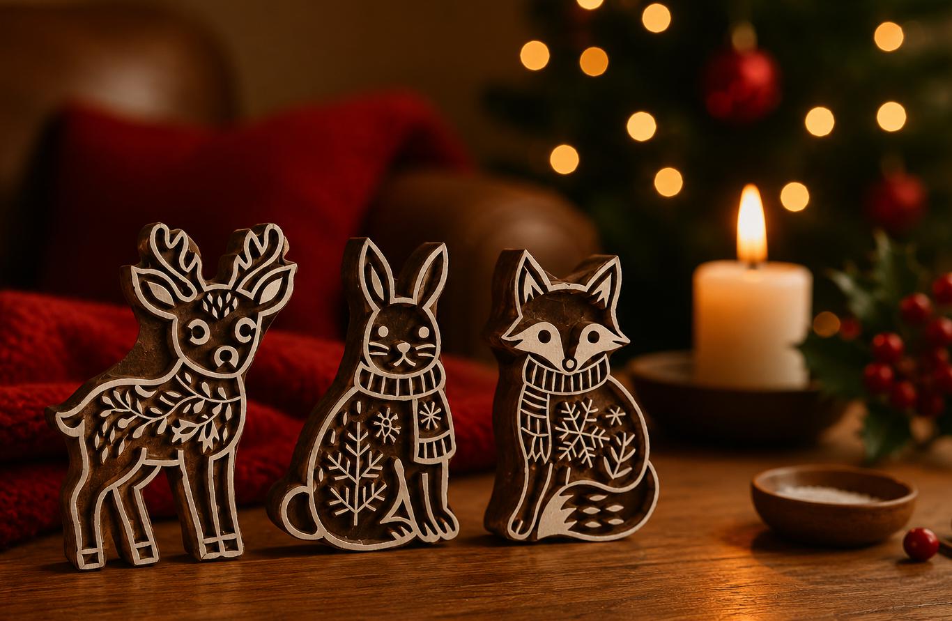 Three hand carved wooden printing blocks featuring a winter deer, rabbit and fox displayed in a cozy Christmas setting with candlelight.
