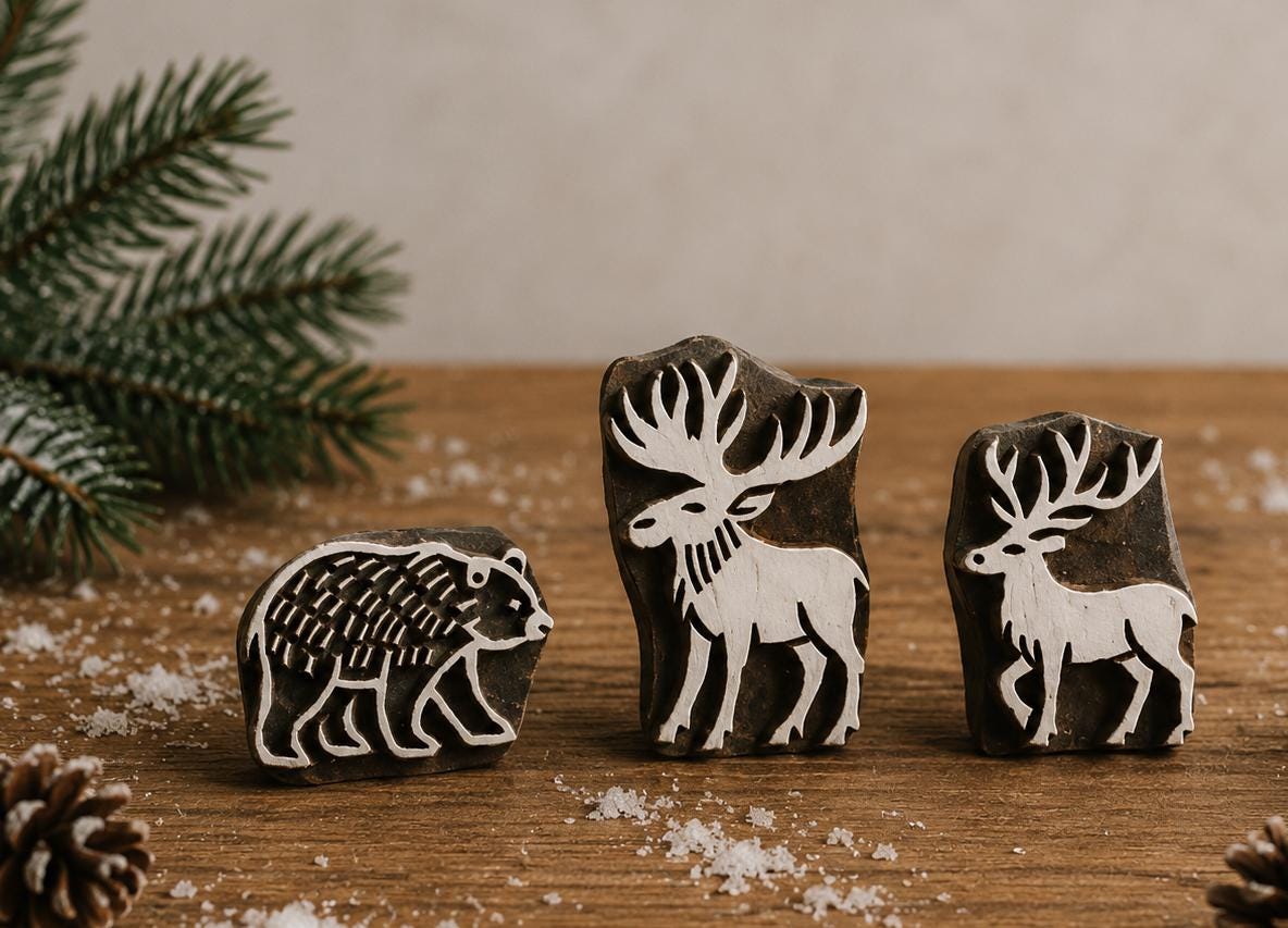 Collection of hand carved wooden printing blocks featuring a bear, stag and moose displayed on a rustic wooden table with woodland-inspired styling.