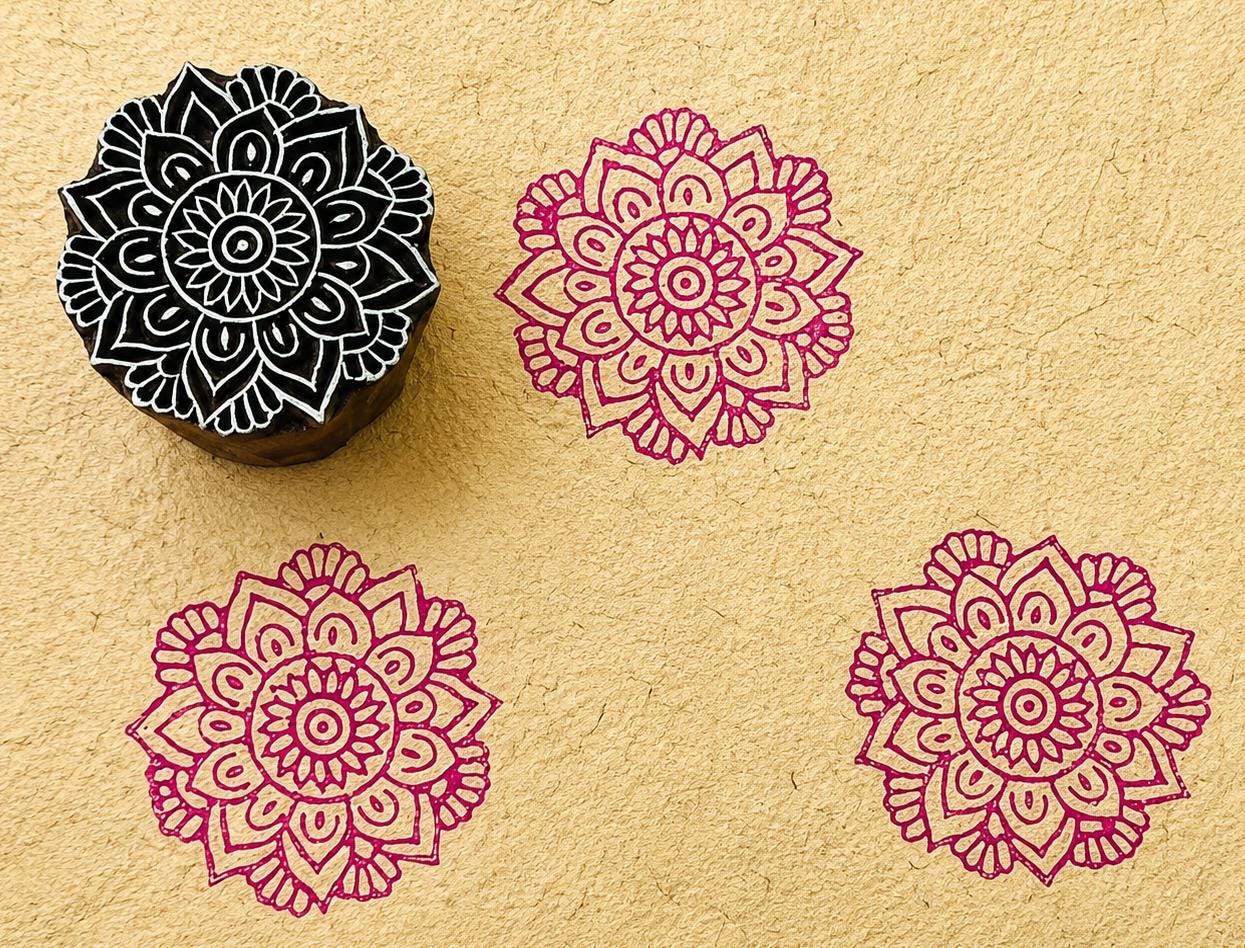 Hand carved Bloom Mandala wood block stamp with detailed magenta mandala impressions on handmade paper