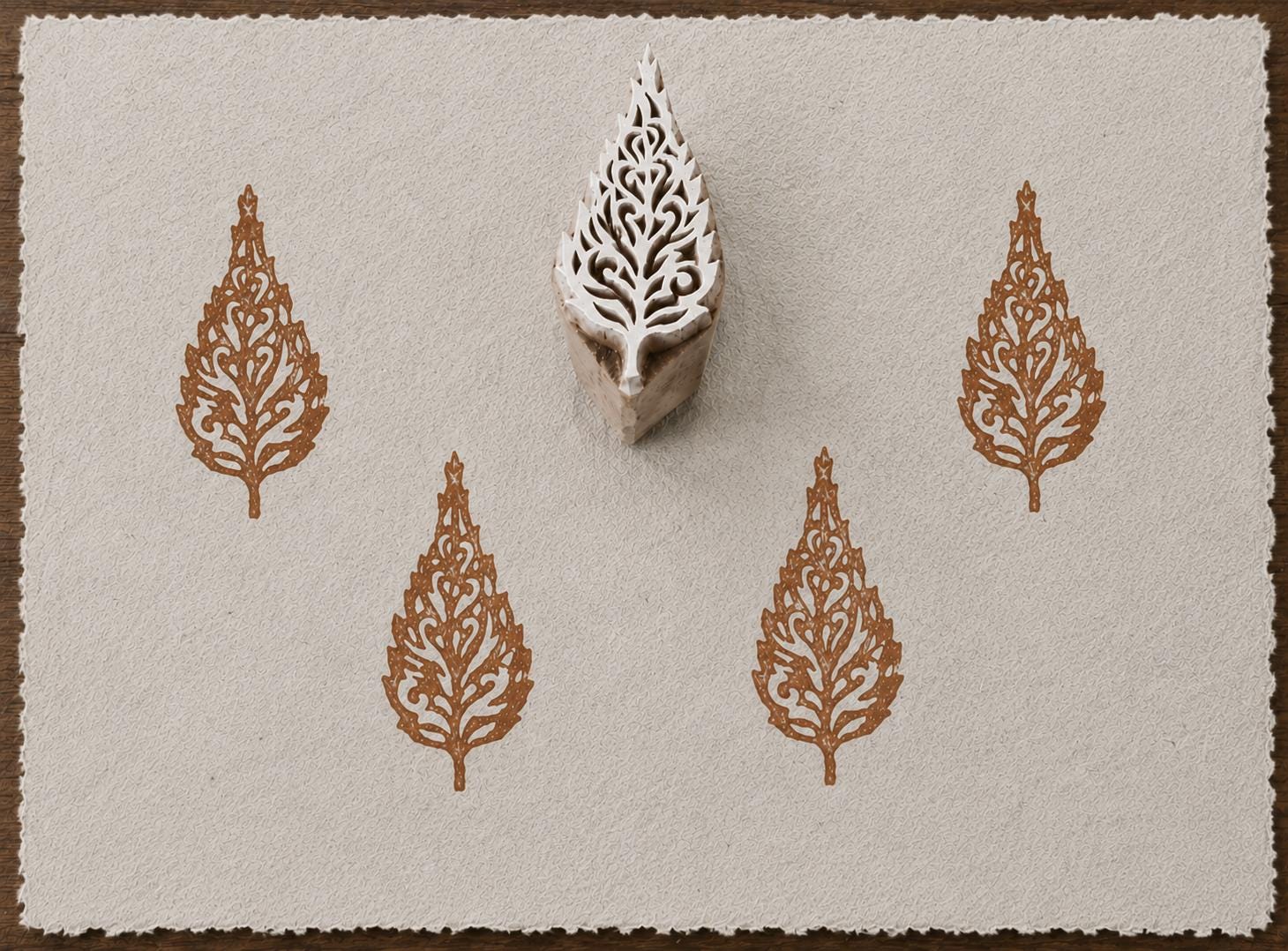 Hand carved ornate botanical leaf wooden printing block with repeated leaf impressions on handmade paper