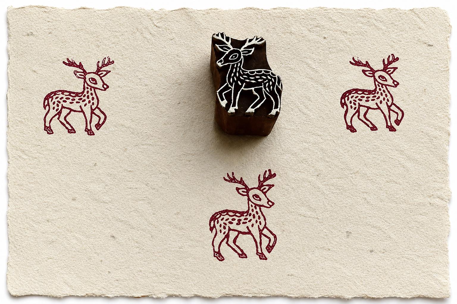 Hand carved wooden fawn block stamp with burgundy deer impressions on handmade cotton paper.