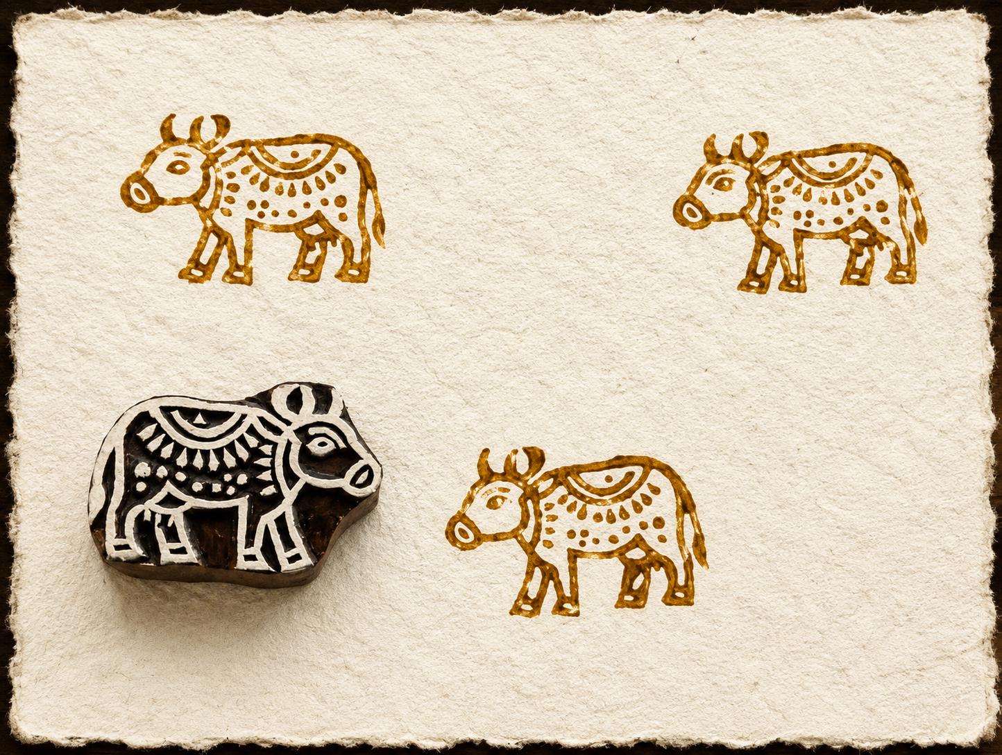 Hand-carved wooden printing block stamp featuring a decorative folk cattle design with ornamental patterns, shown stamped in ochre ink on handmade paper.