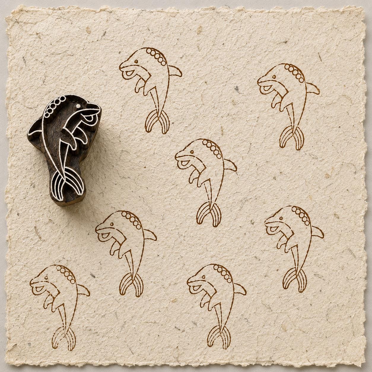 Hand carved Playful Dolphin wooden printing block with stylized dolphin print on handmade paper.