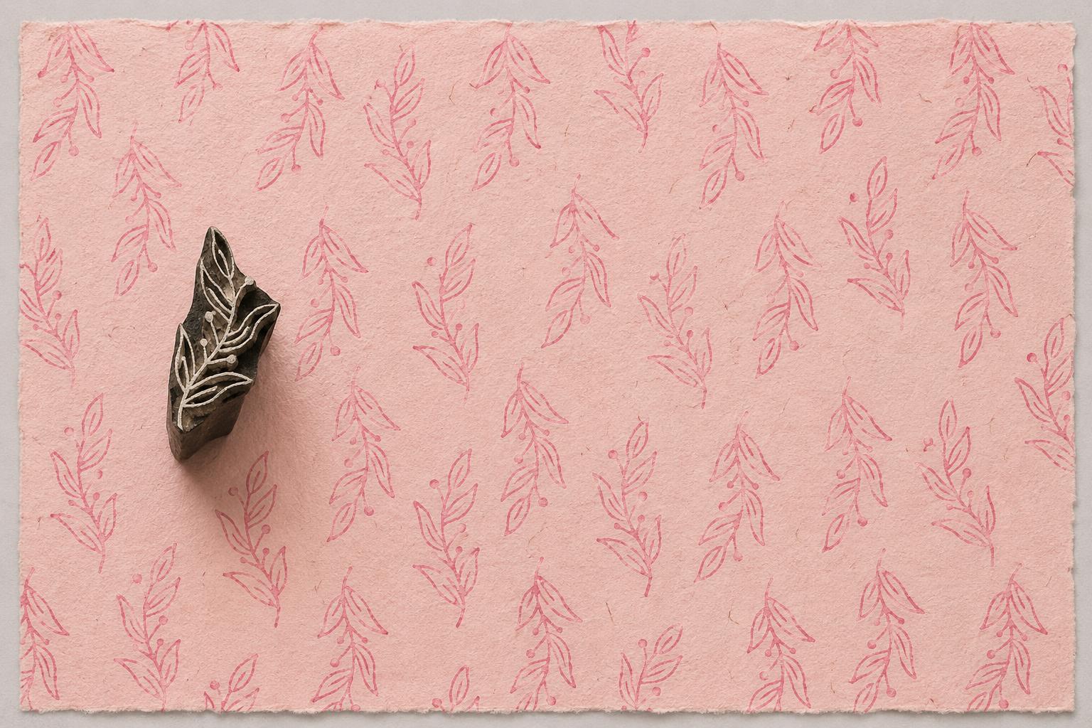 Hand carved Berry Branch wooden printing block with soft pink botanical impressions on handmade blush paper.