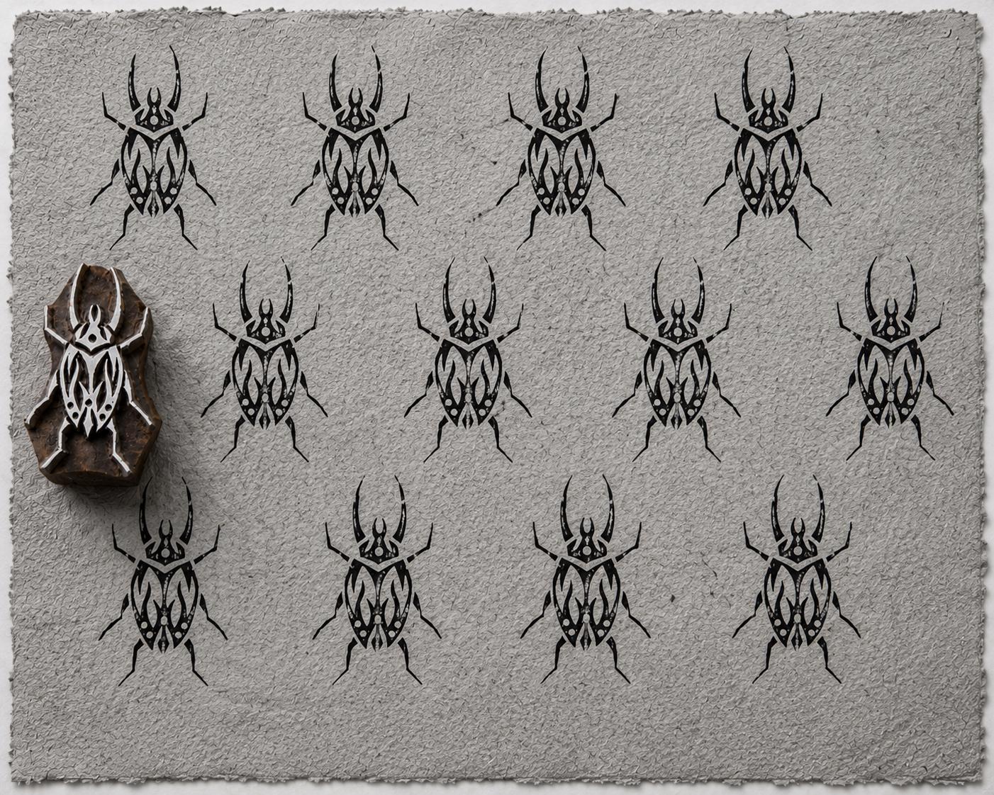 Hand carved Tribal Beetle wooden printing block with geometric beetle pattern printed on textured handmade grey paper.