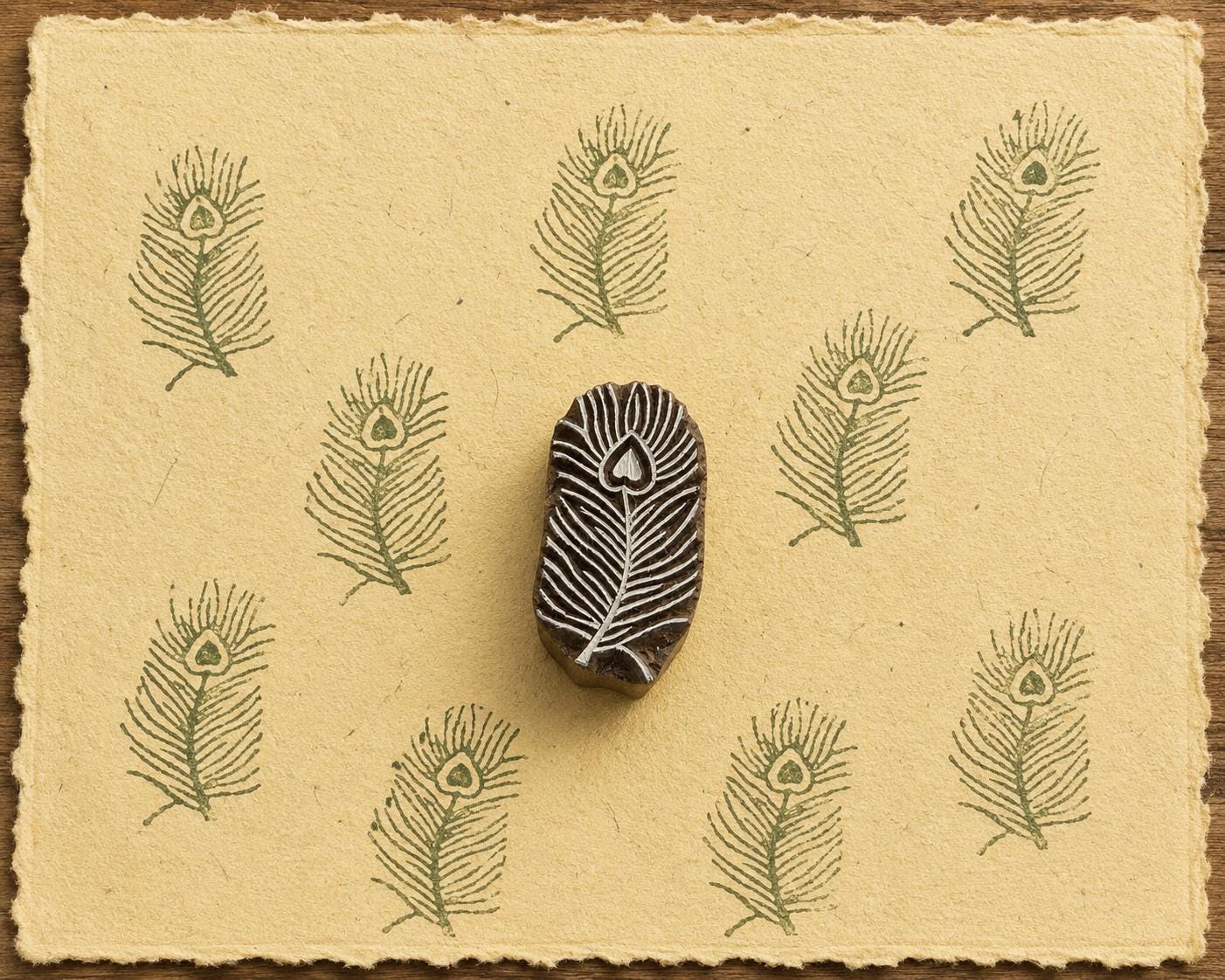 Hand-carved peacock feather wooden printing block surrounded by repeated olive green feather impressions on warm yellow handmade paper.